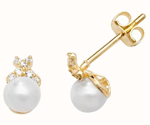 James Moore TH 9k Yellow Gold Pearl Cubic Zirconia Stud Earrings ES593