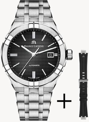 Maurice Lacroix Aikon Automatic (42mm) Black Clous de Paris Dial / Stainless Steel + Black Rubber AI6008-SS00F-330-A