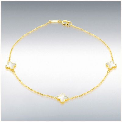 18ct Yellow Gold 3 X 6.5mm Mother Of Pearl Clover Petals Bracelet 19cm/7.5" 7.29.1602