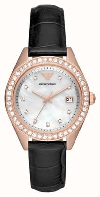 Emporio Armani Women's | Mother-of-Pearl Dial | Crystal Set | Black Leather Strap AR11505