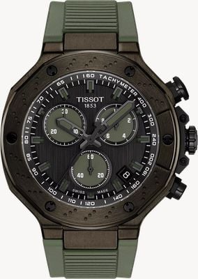 Tissot T-Race Chronograph (45mm) Black Dial / Khaki Green Rubber Strap Watch T1414173706102