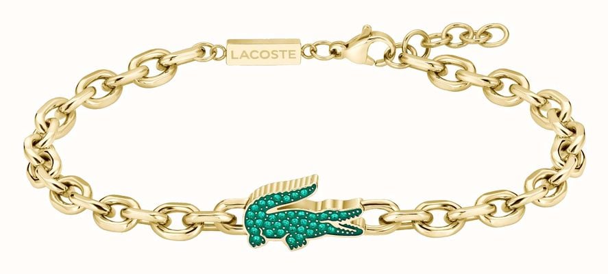 Lacoste Arthor Gold-Tone Stainless Stel Chain Bracelet With Green Crocodile 2040611