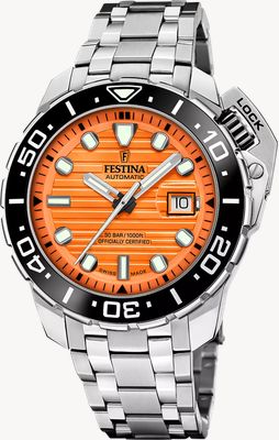 Festina Swiss Made Automatic COSC Diver (47.3mm) Orange Dial / Stainless Steel Bracelet SET Watch F20043/3