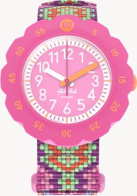 Flik Flak Kid's LOOP IN PINK (34.75mm) Pink Dial / Multicoloured Velcro Recycled PET Fabric Strap FPSP072