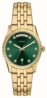 Fossil Scarlette Day/Date (34mm) Green Sunray Dial / Gold PVD Stainless Steel Bracelet ES5460