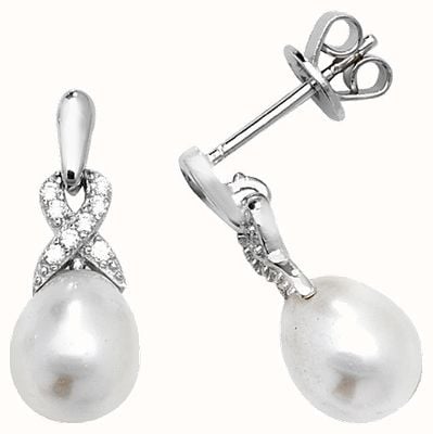 James Moore TH SILVER CZ & PEARL RH PLATED DROP EARRINGS FRESHWATER PEARLS G51175