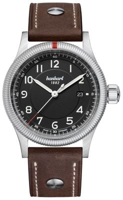 Hanhart PIONEER One Automatic (42mm) Black Dial / Dark Brown Leather Rivet Strap - M 762.210-0110