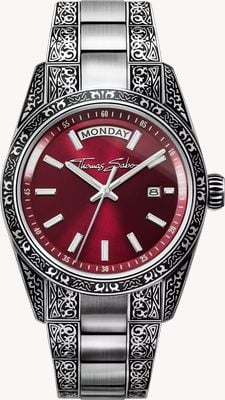 Thomas Sabo Rebel At Heart 'Revive' (36mm) Burgundy Sunburst Dial / Engraved Stainless Steel Bracelet WA0425-201-201-36