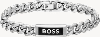BOSS Jewellery Men's Silver Cuff Chain With Logo Plate 1580679M
