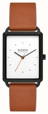 Skagen Men's Hagen (36mm) White Rectangular Dial / Brown Leather Strap SKW6929