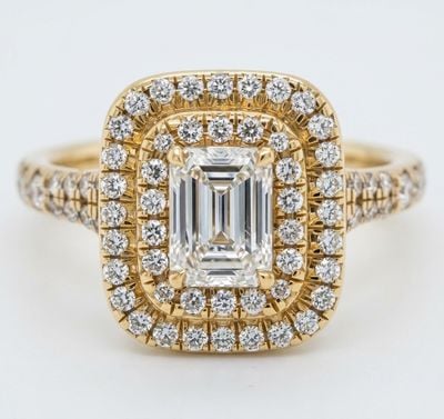 18ct Yellow Gold Emerald Cut Double Halo Ring - G colour Vs2 J94859