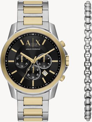 Armani Exchange Men's Gift Set (44mm) Black Dial / Two Tone Bracelet with Matching Bracelet AX7148SET