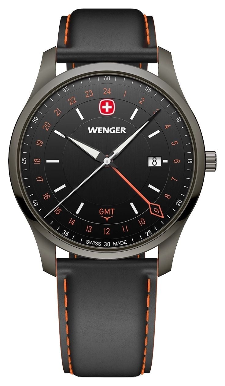 Wenger 01.1442.106 City GMT Quartz (42mm) Brushed Black Dial Watch