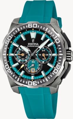 Festina Chrono Bike 2025 (45.5mm) Turquoise & Black Dial / Turquoise Rubber Strap F20725/6
