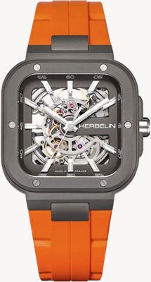 Herbelin Cap Camarat Square Titanium Automatic (40.5mm) Skeleton Dial / Orange FKM Rubber Strap 1846SQTDCMD