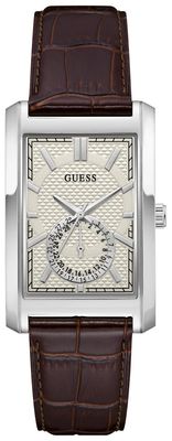 Guess Hugh White Sunray Dial Brown Leather Strap GW1152G1