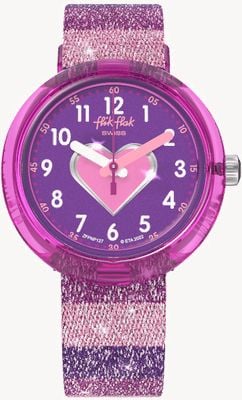 Flik Flak STRIPY GLITTER Purple Dial / Purple Glitter Striped Fabric Strap FPNP127