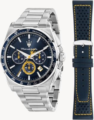 Maserati Velocità Quartz Chronograph (43mm) Blue Dial / Stainless Steel Bracelet + Blue Leather Strap R8873652001