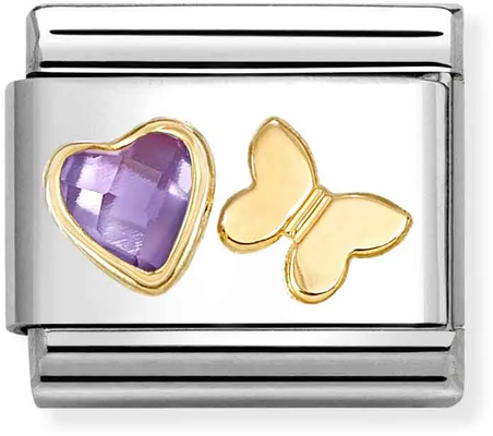 Nomination Classic Purple Cubic Zirconia Heart & Butterfly 18ct Gold Charm 030613/13