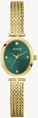 Guess RUBY Crystal (24mm) Green Sunray Dial / Gold PVD Stainless Steel Mesh Bracelet GW0935L2