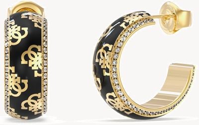 Guess Gold Plated 23mm Black 4G Pattern Hoop Earrings JUBE02278JWYGBKT/U