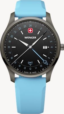 Wenger City GMT Quartz (42mm) Brushed Black Dial / Sky Blue Silicone Strap 01.1442.103