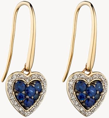 Elements Gold 9k Yellow Gold Sapphire And Diamond Heart Drop Earrings GE2285L