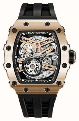 TSAR BOMBA Elemental Series Automatic (43mm) Rose-Gold Skeleton Dial / Black Silicone Strap TB8208A-16
