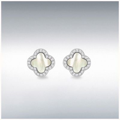 Sterling Silver Rhodium Plated 11mm Clover Mother of Pearl and 1.1mm White CZ Stud Earring 8.59.1913