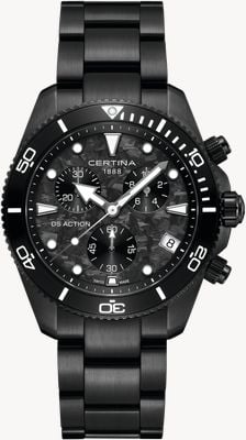 Certina DS Action Chrono Quartz (42mm) Black Carbon Dial / Black PVD Stainless Steel Bracelet C0484173320100