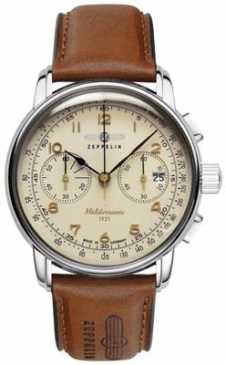 Zeppelin Méditerranée 1921 Chronograph (42mm) Cream Dial / Brown Leather Strap 9670-5