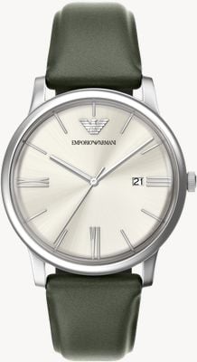 Emporio Armani Three-Hand Quartz (39mm) Cream Sunray Dial / Green Leather Strap AR11811