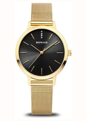 Bering Women's Classic (34mm) Black Sunray Dial / Gold-Tone Stainless Steel Milanese Mesh Bracelet 13434-332