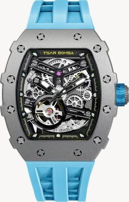 TSAR BOMBA Elemental Series Titanium Automatic (43.5mm) Black Skeleton Dial / Light Blue Silicone Strap TB8208T-03