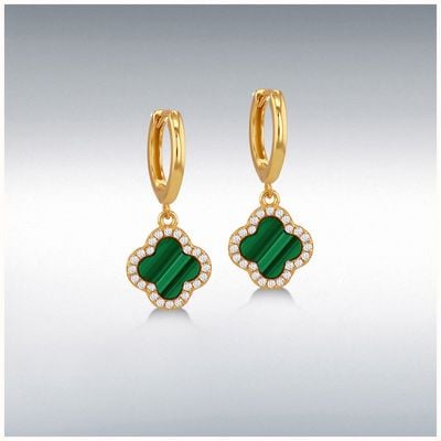 Sterling Silver Yellow Gold Plated 11mmx 1mm Clover Malachite and 1mm White CZ Huggy Earrings 8.59.1907