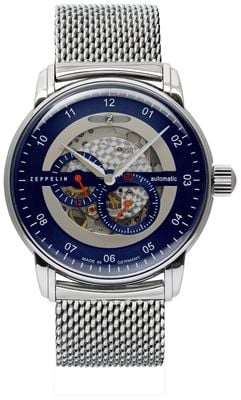 Zeppelin Captain's Line Small-Seconds Automatic (42mm) Blue Open Heart Dial / Stainless Steel Mesh Bracelet 8664M-3