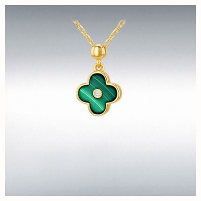 Sterling SilverYellow Gold Plated 19mm x 11mm Clover Malachite and 2mm White CZ Adjustable Necklace 8.12.0170