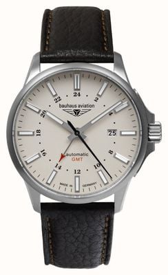 Bauhaus Aviation Titanium Automatic GMT (42mm) Beige Luminous Dial / Dark Brown Leather Strap 28685