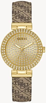 Guess IVY Crystal (32mm) Gold Sunray Dial / Brown Quattro 'G' Print Leather Strap GW0943L2