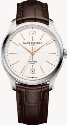 Baume & Mercier Clifton Baumatic (39mm) Off-White Grained Dial / Brown Alligator Leather Strap Watch 10773