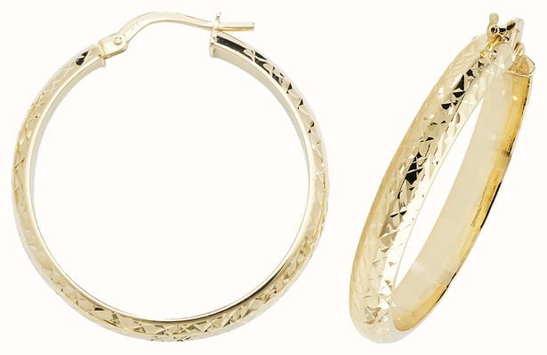 James Moore TH 9ct Yellow Gold 25mm Diamond Cut Hoop Earrings ER1044-25