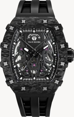 TSAR BOMBA Elemental Series Carbon Fiber Automatic (43.5mm) Black Skeleton Dial / Black Silicone Strap TB8207CF-01