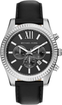 Michael Kors Men's Lexington Chronograph Black Leather Stainless Steel Dial MK9297