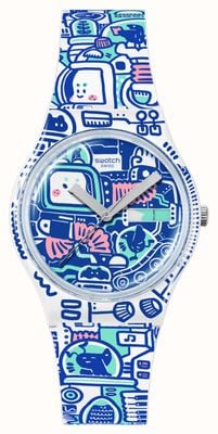 Swatch Break Free B-BOT (34mm) Blue Patterned Dial / Blue Patterned Silicone Strap SO28Z702