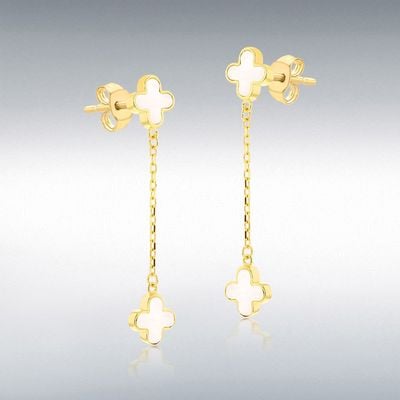 18ct Yellow Gold 6.75mm X 35mm Mother Of Pearl Clover Petals Drop Stud Earrings 7.54.5076