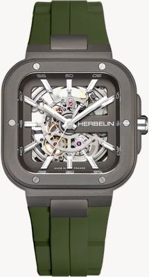 Herbelin Cap Camarat Square Titanium Automatic (40.5mm) Skeleton Dial / Khaki Green FKM Rubber Strap Watch 1846SQTDCK