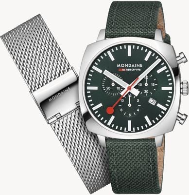 Mondaine SBB Grand Cushion Chronograph (41mm) Green Dial / Green Recycled Textile and Steel Mesh Set MSL.41460.LF.SET