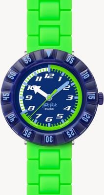 Flik Flak NEONBRICK (36.70mm) Blue Dial / Neon Green Silicone Strap FCSP132