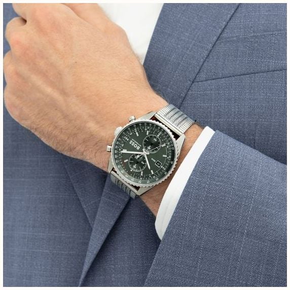 BOSS Mens Skytraveller Chronograph Green Dial Mesh Bracelet BOSS Watch 1514347 - alternate view 5