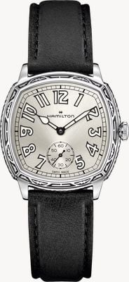 Hamilton American Classic Cushion Mechanical (34mm) Silver Sunray Dial / Black Leather Strap Watch H36149710